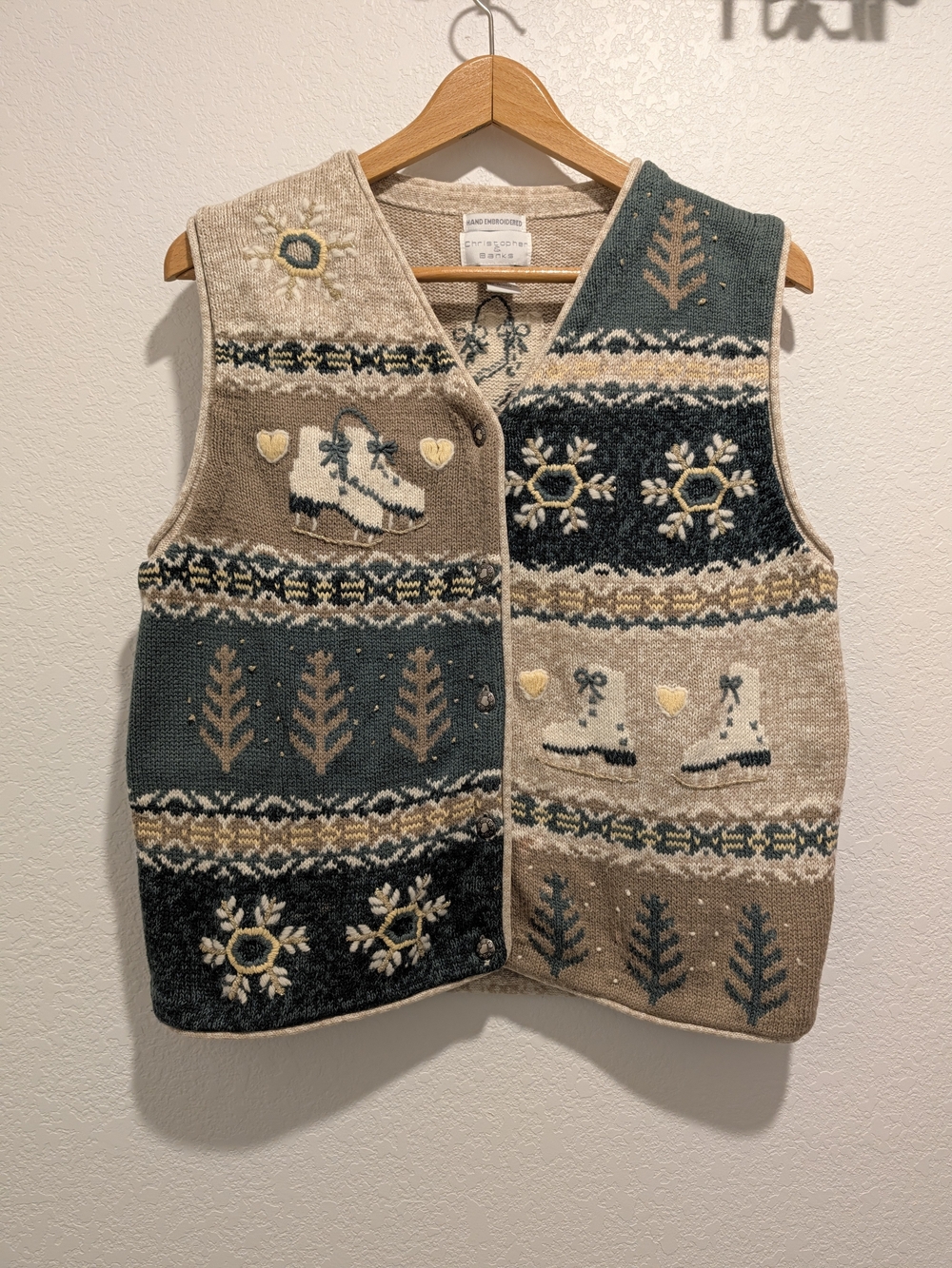 Vintage Christopher & Banks Hand Embroidered Winter Sweater Vest Women's Large